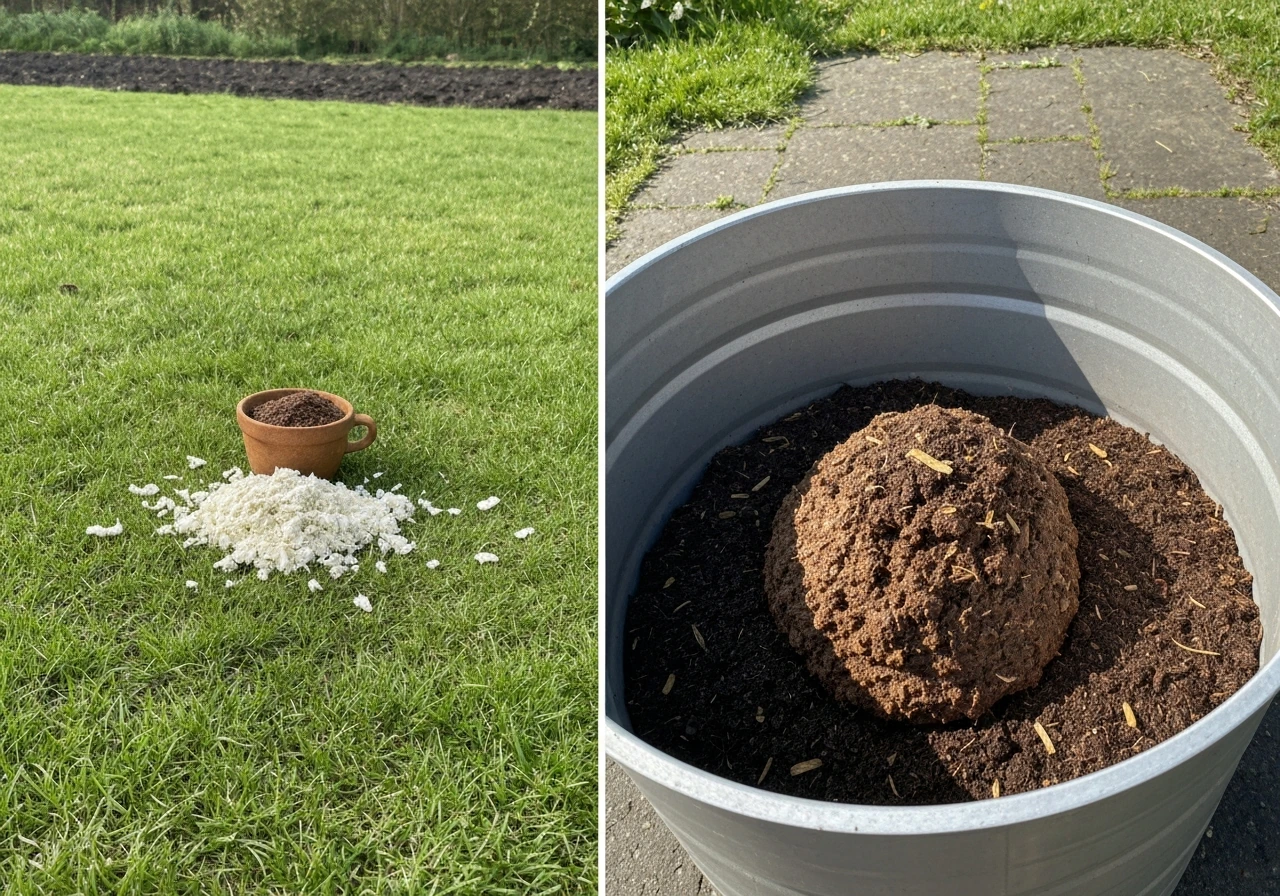 Links koffiedik op het gazon, rechts koffiedik in een compostbak; duidelijke vergelijking in één rustige scène.
