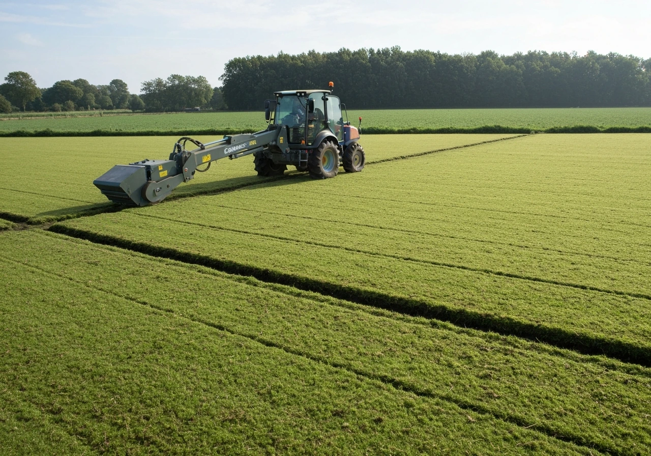 Groen gazon met verticuteermachine en opengevallen bodem, met net aangebracht koffiedik als dunne laag.