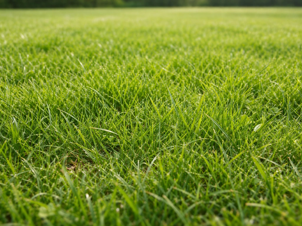Gezond, dicht weidegrasgazon met subtiele variatie in blad en sprieten, lage camerahoek, zonder mensen.
