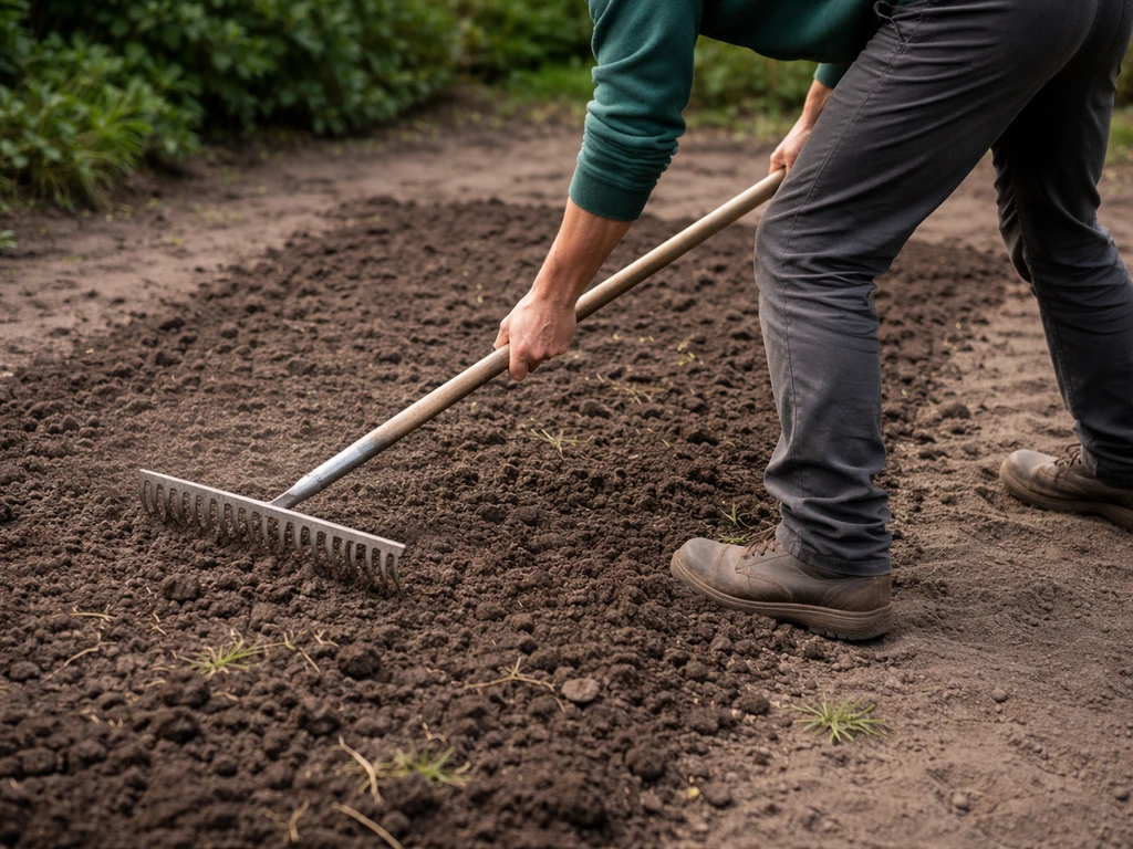 Tuinman die met hark de bovenlaag losmaakt; losse aarde en verwijderde resten op een kaal tuinbed.