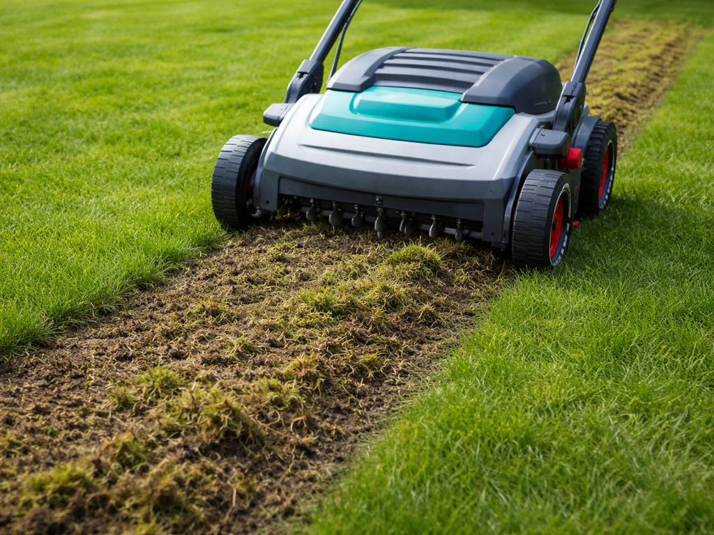 Grasmaaier-achtig apparaat verticuteert en belucht een gazon, met zichtbaar schaafsel en verbeterde grondtextuur