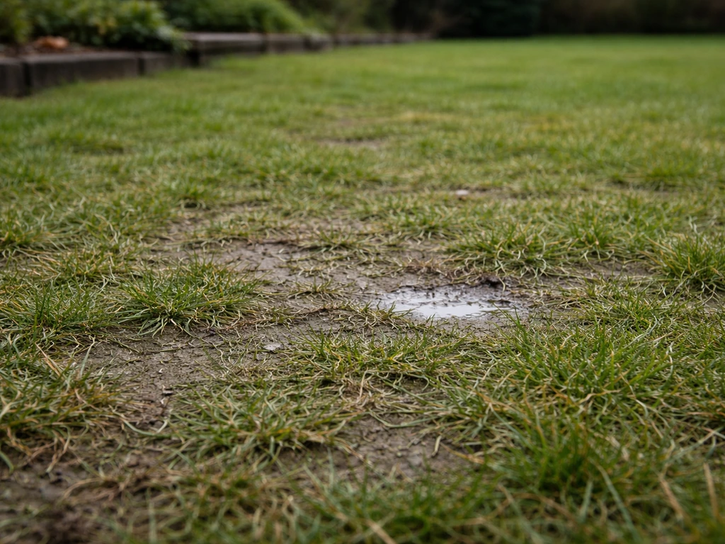 Close-up van verdicht gazon dat hard/ruw aanvoelt, met wat vochtplakjes na regen in een stille tuin.