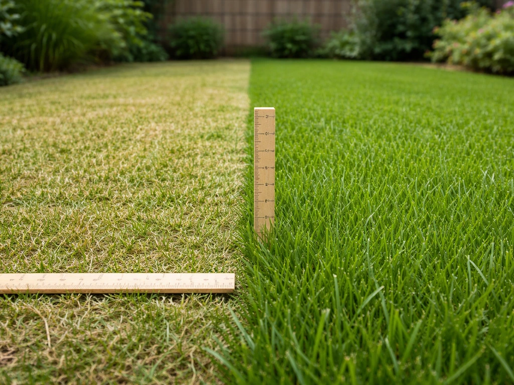Vergelijking van te kort vs gezond hoger gemaaid gras met een eenvoudige meetlat in de tuin.