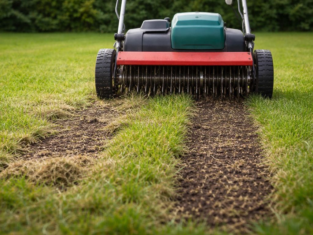 Groene tuin met een verticuteerwals/verticuteermes dat grasmat doorsnijdt, met zichtbare lichte kale plekken en ingezaai