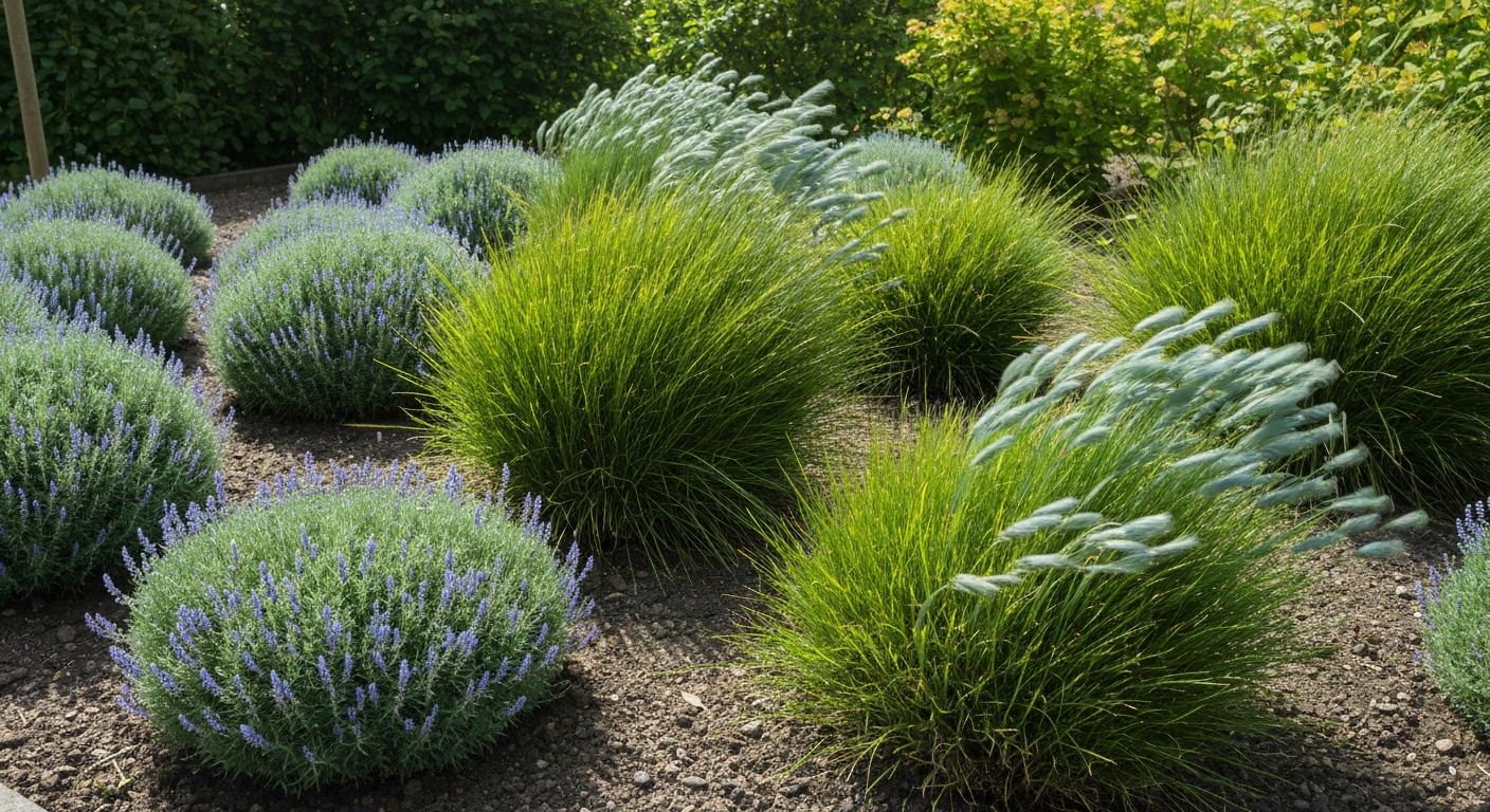 Nederlandse tuinborder met Australische siergrassen (Lomandra en Dianella) in een grindbed bij een zuidmuur.