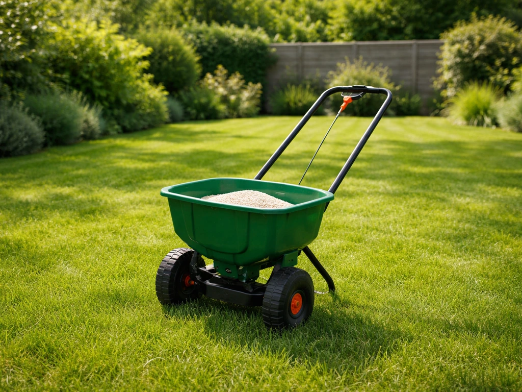 Gezonde groene gazon met een kunstmeststrooier klaar voor bemesting in de Nederlandse tuin.