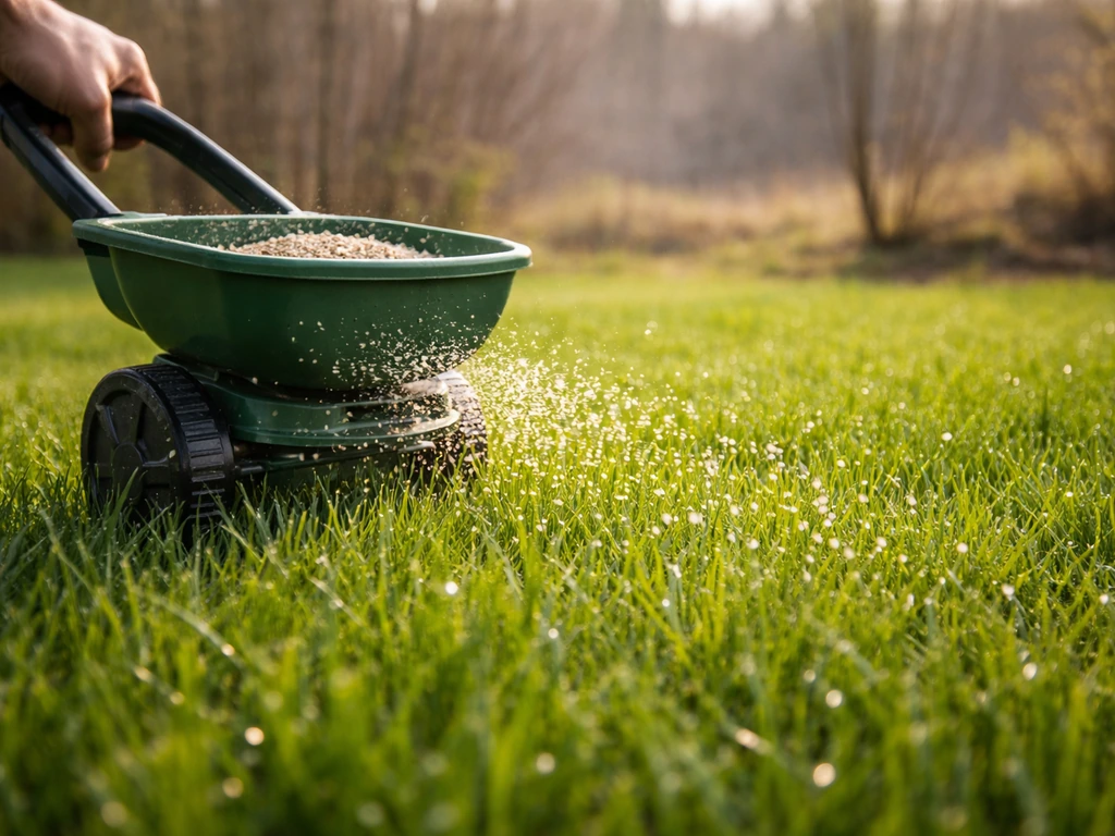 Voorjaarsgazon met verse grasspruiten en een kunstmeststrooier die mestkorrels over het gras verspreidt.