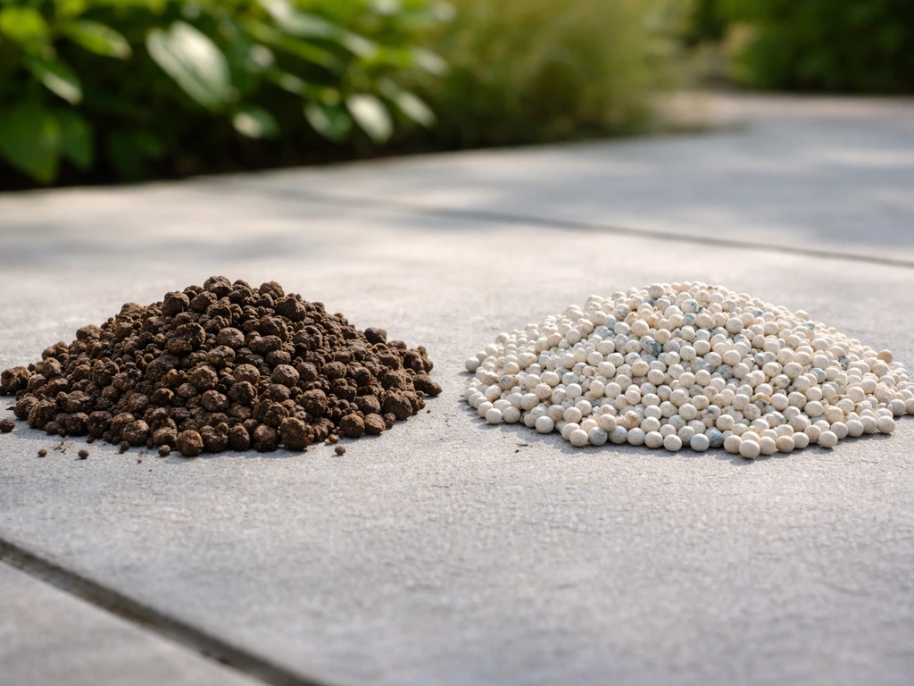 Twee soorten meststoffen naast elkaar: organische compostachtige korrels en minerale NPK-korrels op een tegel.