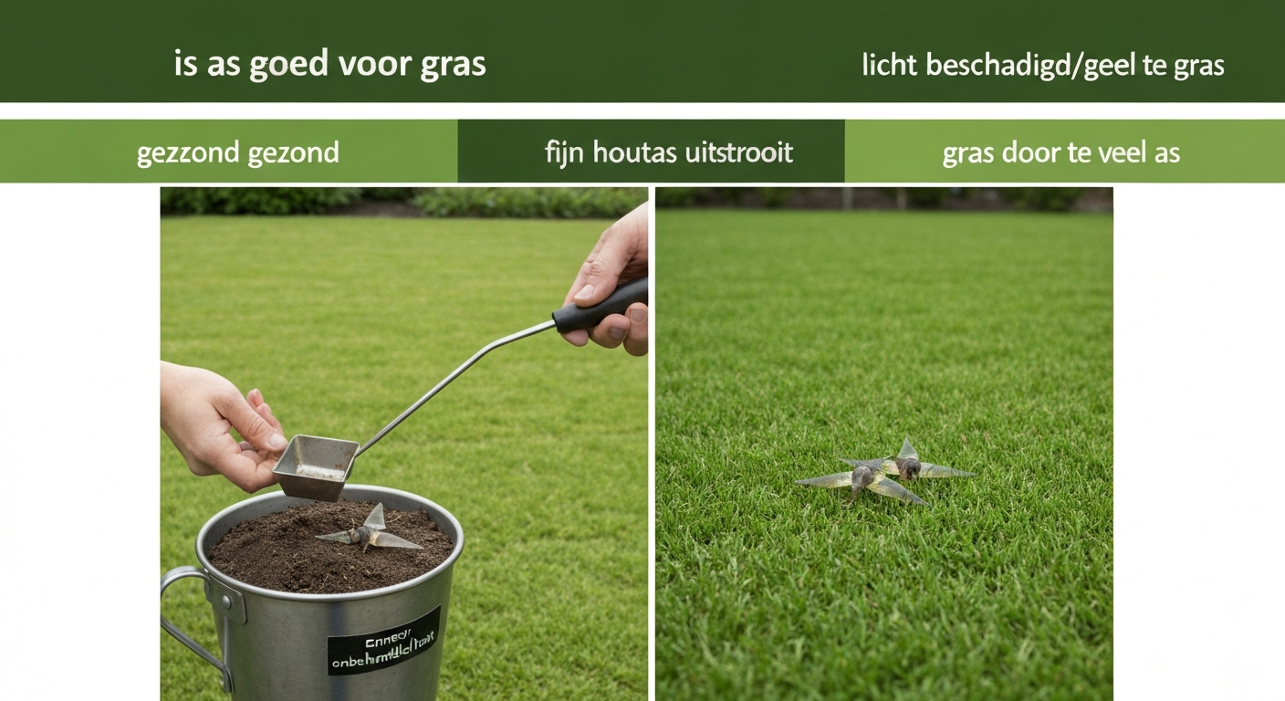 Nederlands gazon met gezond en beschadigd gras, tuinier strooit houtas uit, emmer met label 'onbehandeld hout' op achtergrond