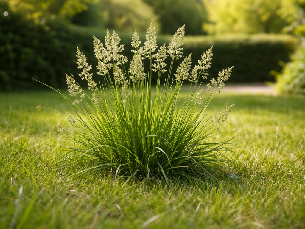 Close-up van heilig gras in een Nederlands gazon met zacht zonlicht en een natuurlijke, rustige tuinsetting.