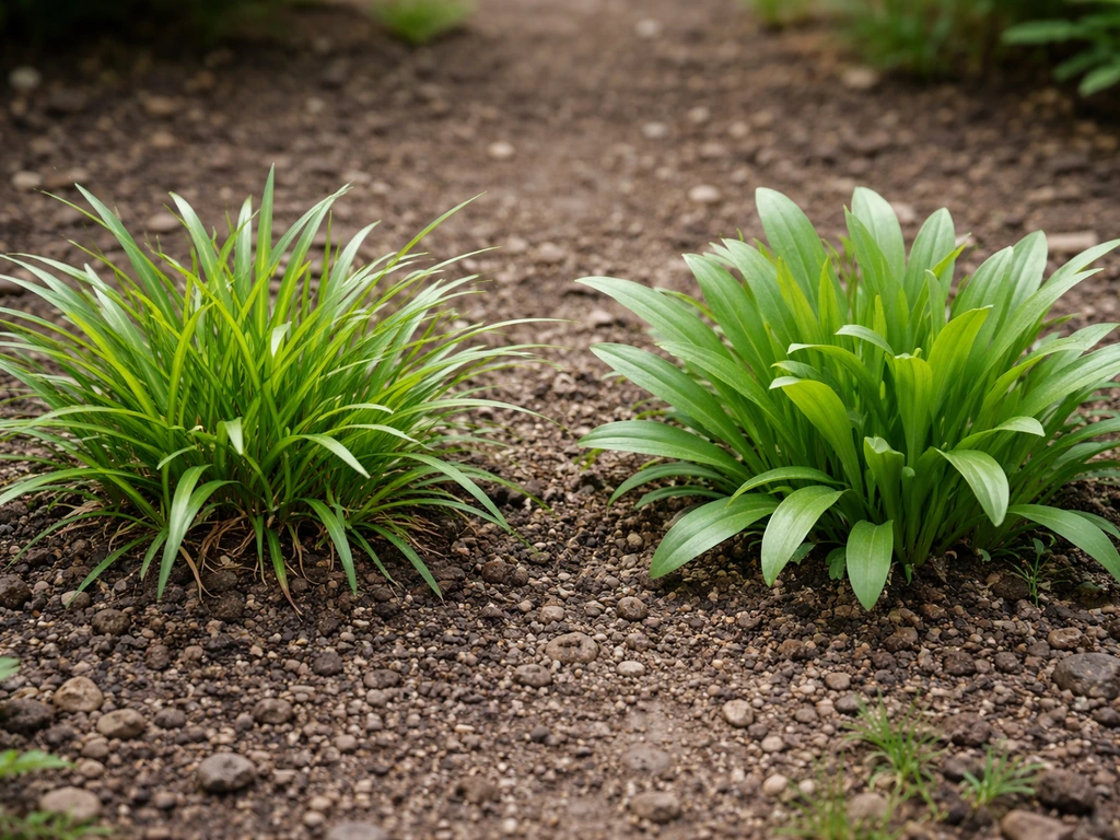 Heilig gras met smalle glanzende bladeren naast een vaak verwarde plant, waarbij verschil in blad zichtbaar is.