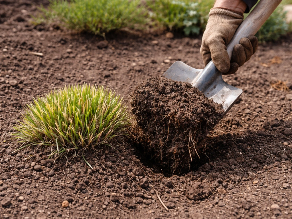 Tuinier schept met spade een pol heilig gras uit na kort maaien, in een border met aarde