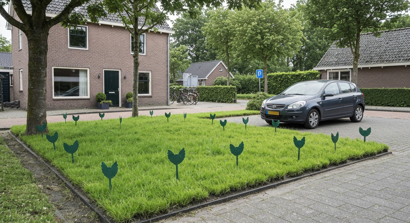 Oprit met versterkt gras (grasroosters) en een geparkeerde auto; groen oppervlak zonder plassen of kuilen, regen infiltreert in de bodem.