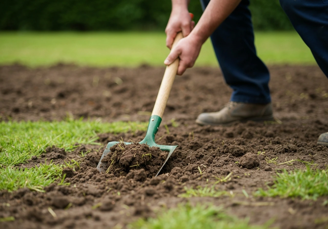 Hand houdt een spade en tilt een plag op; donkere wortellaag en verschil in grondstructuur zijn zichtbaar.