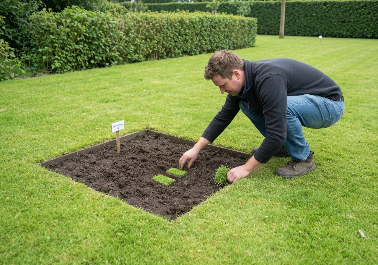 Tuinman knielt bij een kleine kale plek in het gras en spreidt zaad, naast een ruwe strook zoden.