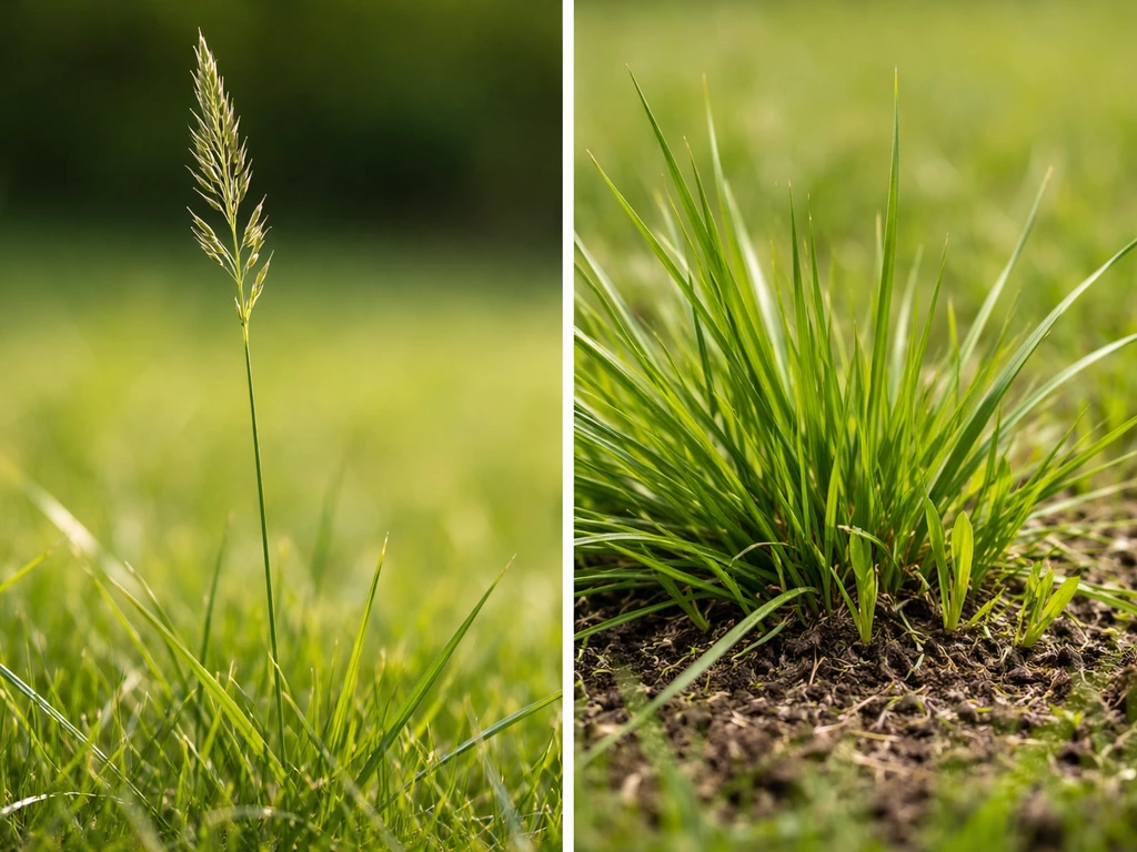 Twee delen grasland: grasaar met zaadpluim naast nieuwe spruiten uit de graspol, duidelijke vergelijking.