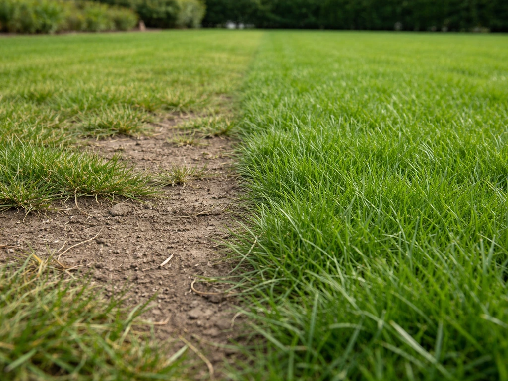 Zonnig gazon met kale plek naast dicht, gezond gras; textuur van bodem en gras toont groei die hapert.