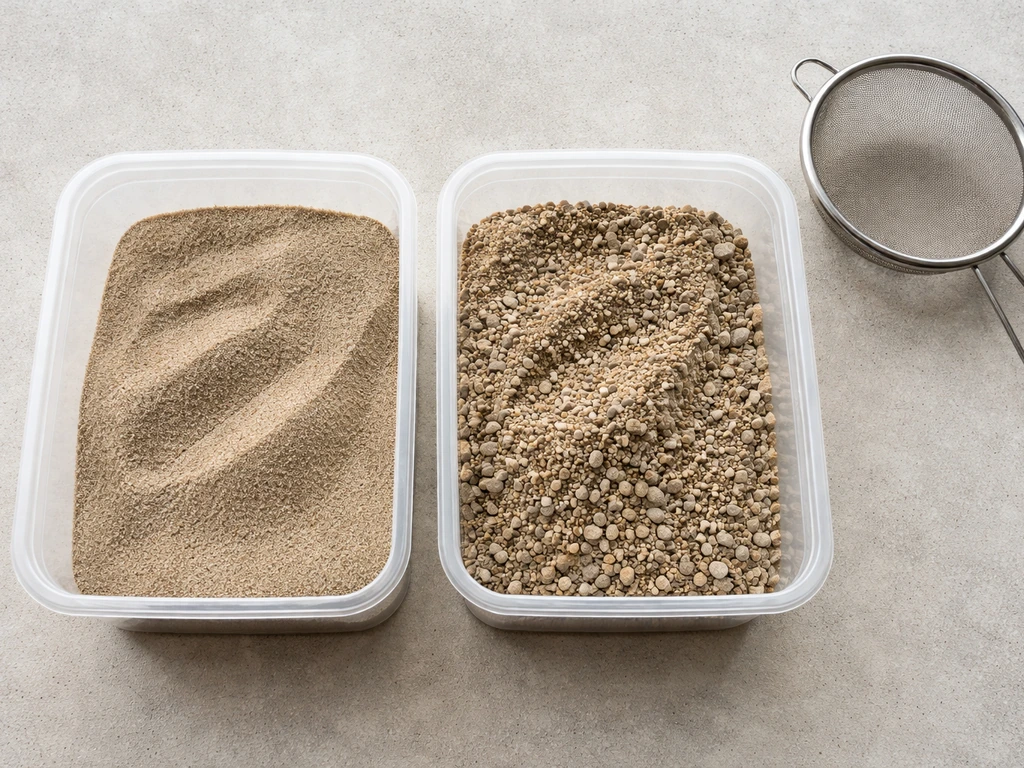 Twee bakjes met scherp zand en ophoogzand met duidelijk zichtbare korrelgrootte-verschillen