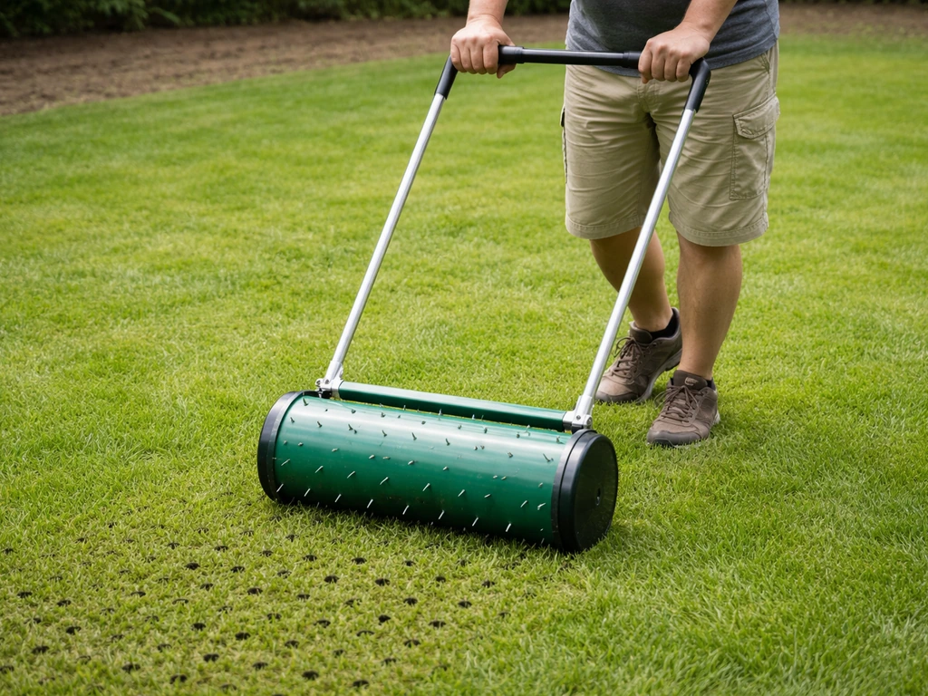 Man die met een beluchtingsprikrol door het gazon rolt, met zichtbare kleine gaatjes in het gras.