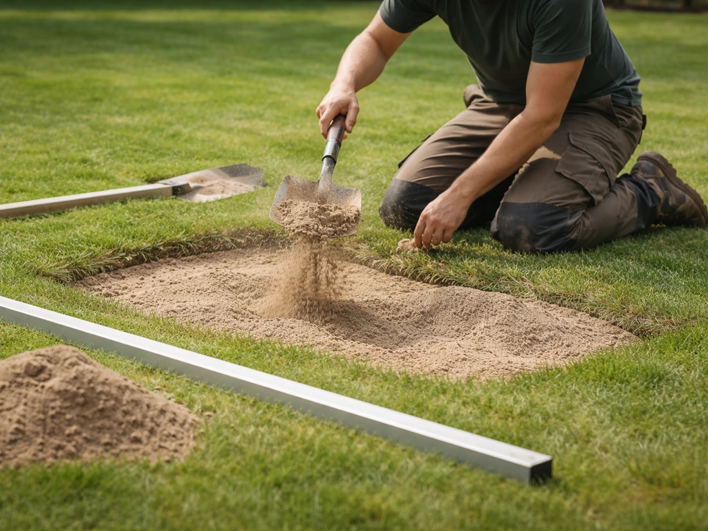Tuinman brengt zand in lage plekken van het gazon aan en egaliseert met een rechte lat