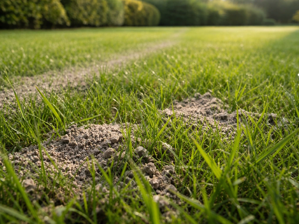 Groen Nederlands gazon met uitgestrooide lavameelkorrels tussen de grassprieten.