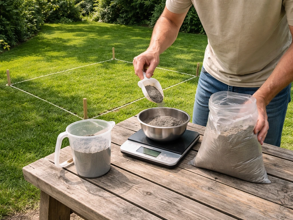 Iemand weegt lavameel en meet af voor een afgemeten stuk gazon in de tuin