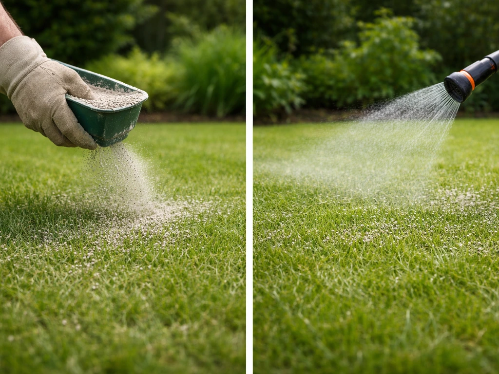 Kort gemaaid gazon met lavameel dat wordt gestrooid en meteen licht bewaterd voor nazorg.