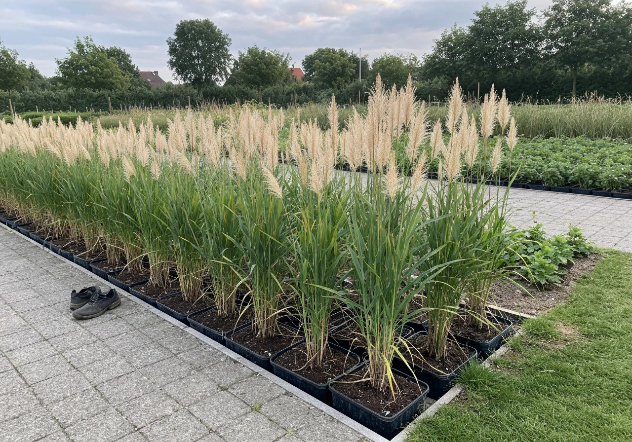 Verzorgde tuinborder met nieuw aangeplante hoge siergrassen naast een gazonrand in natuurlijk licht.