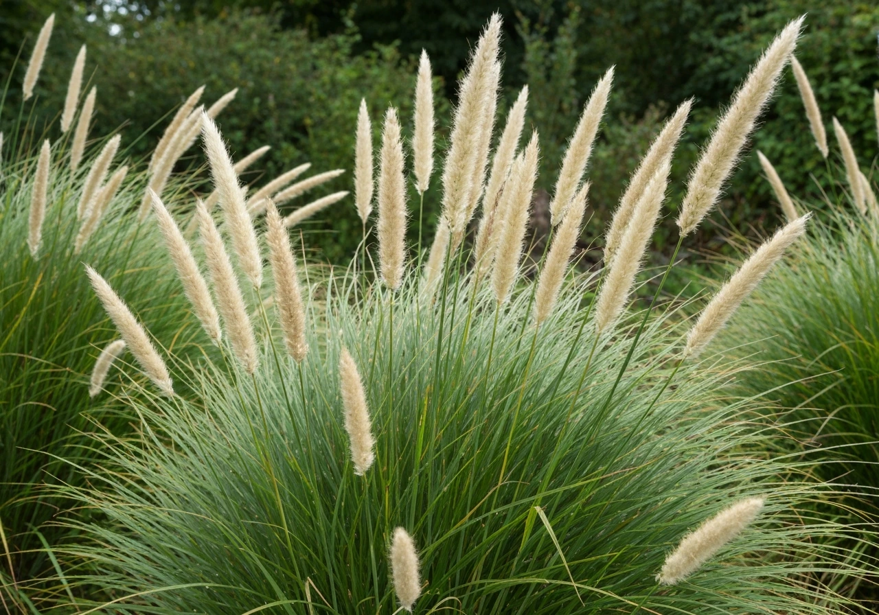 Close-up van hoge siergrassen met pluimen en aren in een tuinborder, natuurlijk en sfeervol.