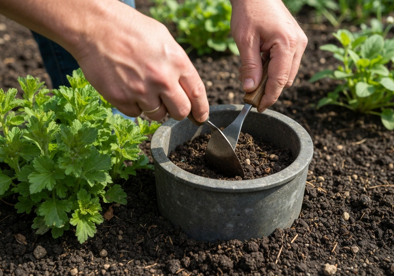 Hand schep in tuinbed met losgemaakte aarde en compost, klaar om siergrassen te planten