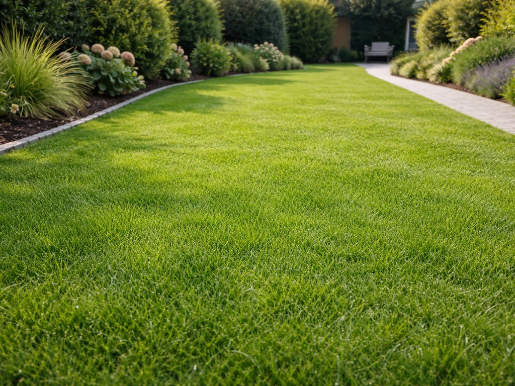 Strak groen hybride grasveld in een Nederlandse tuin bij daglicht, met een veerkrachtige, frisse uitstraling.