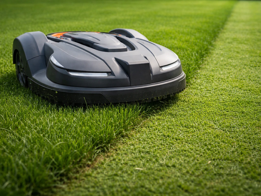 Close-up van een grasmaaier die een hybride grasveld netjes op correcte hoogte afsnijdt, gelijkmatige snede zichtbaar.