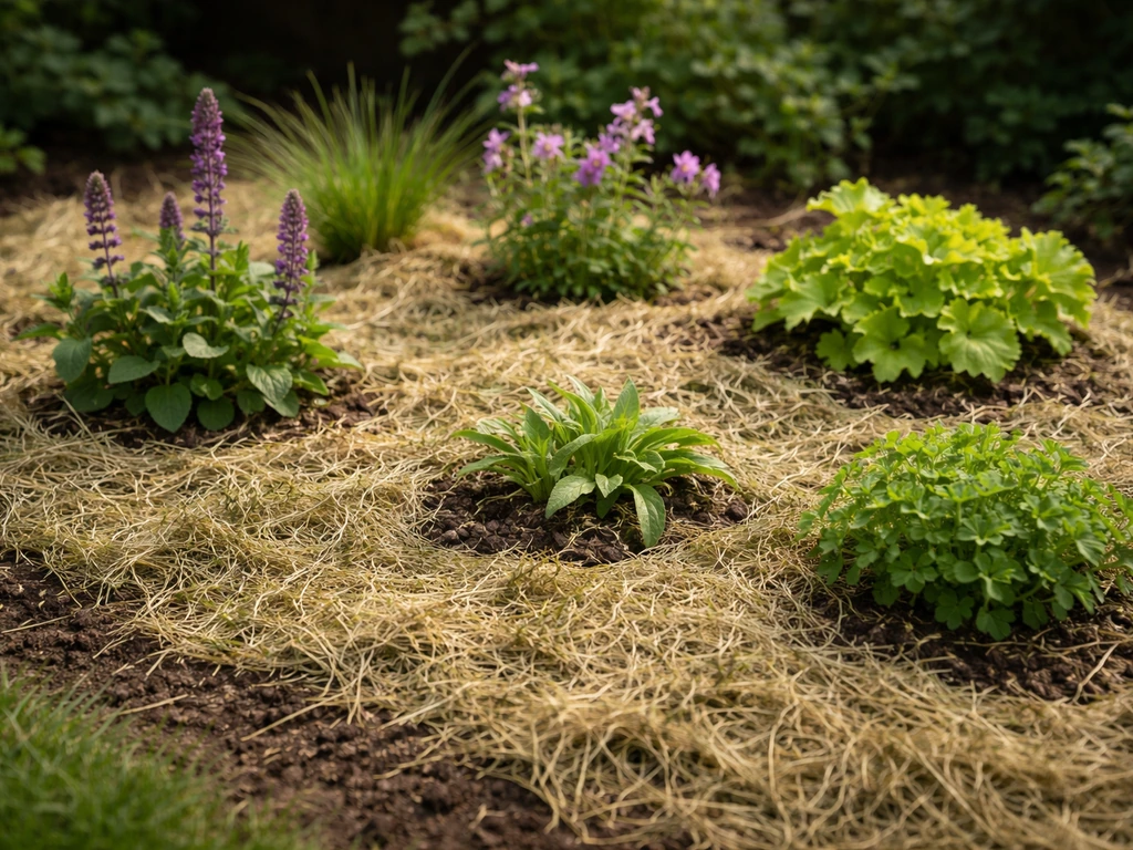 Tuinborder met dunne mulchlaag van droog gemaaid gras (1–2 cm) rond planten, textuur in de bodem zichtbaar.