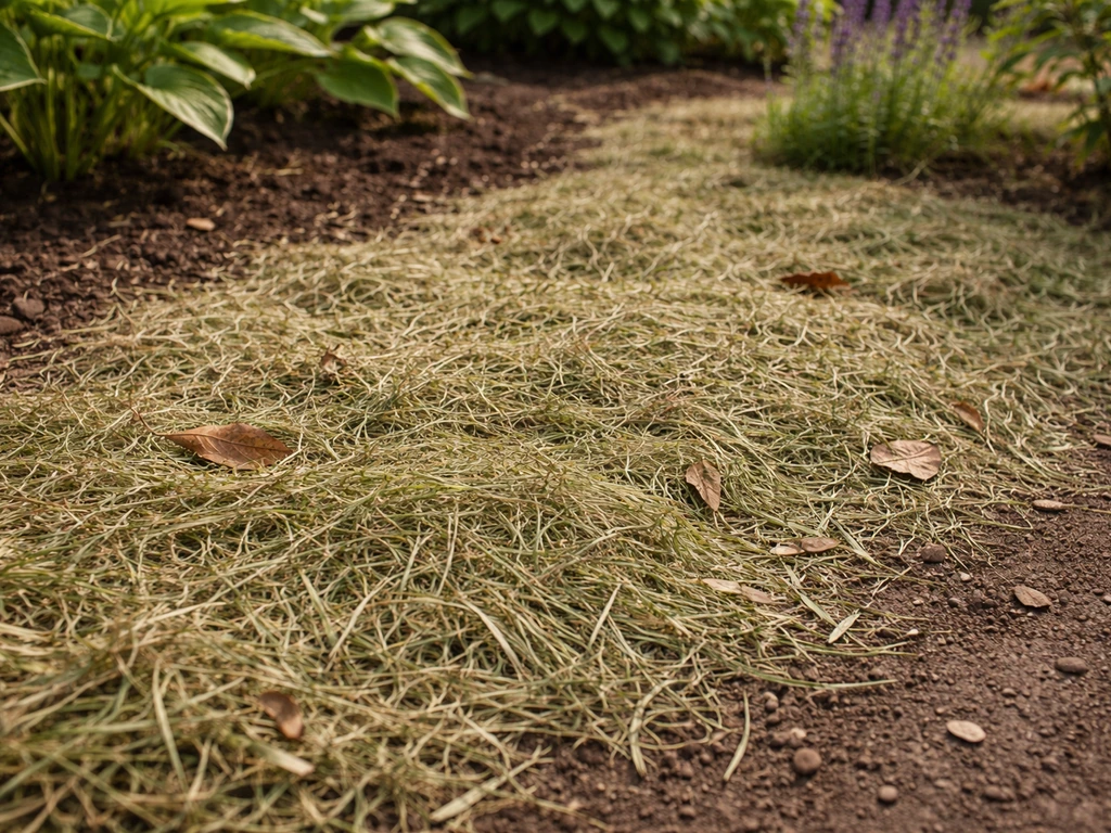 Kort, droog gemaaid gras als mulch als deklaag in een border, zonder afvoer of opvang.