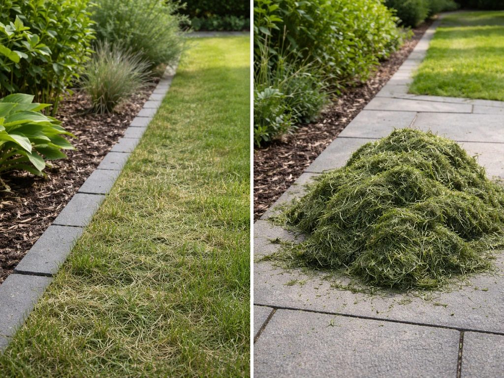 Twee delen tuin: dun, droog gemaaid gras in border versus te dikke, natte hoop op een pad