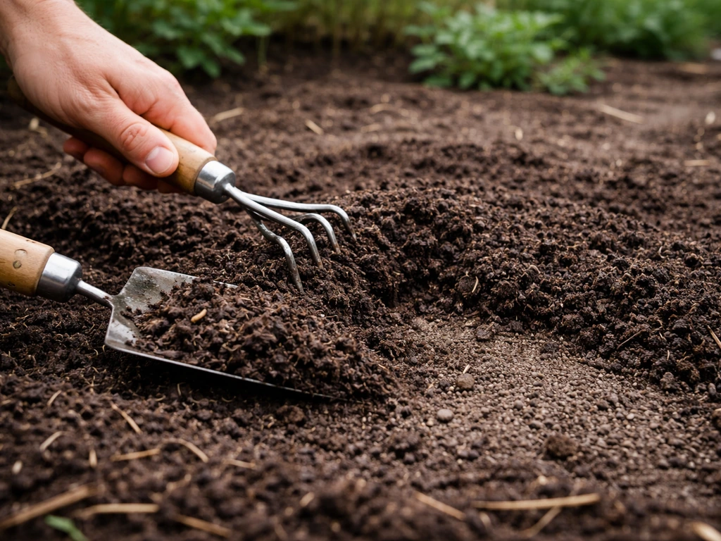 Hand schept een te dikke compostlaag weg en maakt het oppervlak weer licht en egaal.