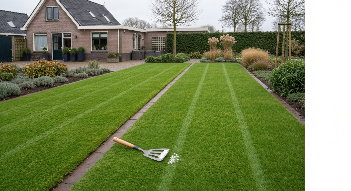 Verzorgd gazon met scherpe rand langs een klinkerpad en een spade die een verse snede maakt.
