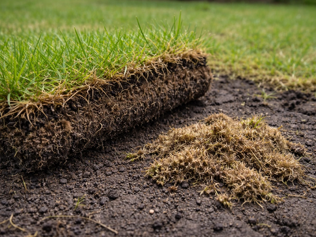 Close-up van losgetrokken zwarte viltlaag en mos onder een gazonmat, met nog groen gras erboven.