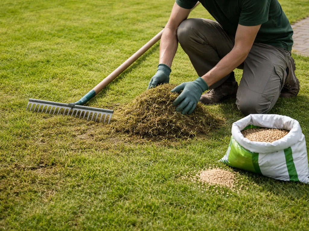 Tuinier ruimt losgekomen mos en vilt op en zaait direct daarna het gazon bij met graszaad.