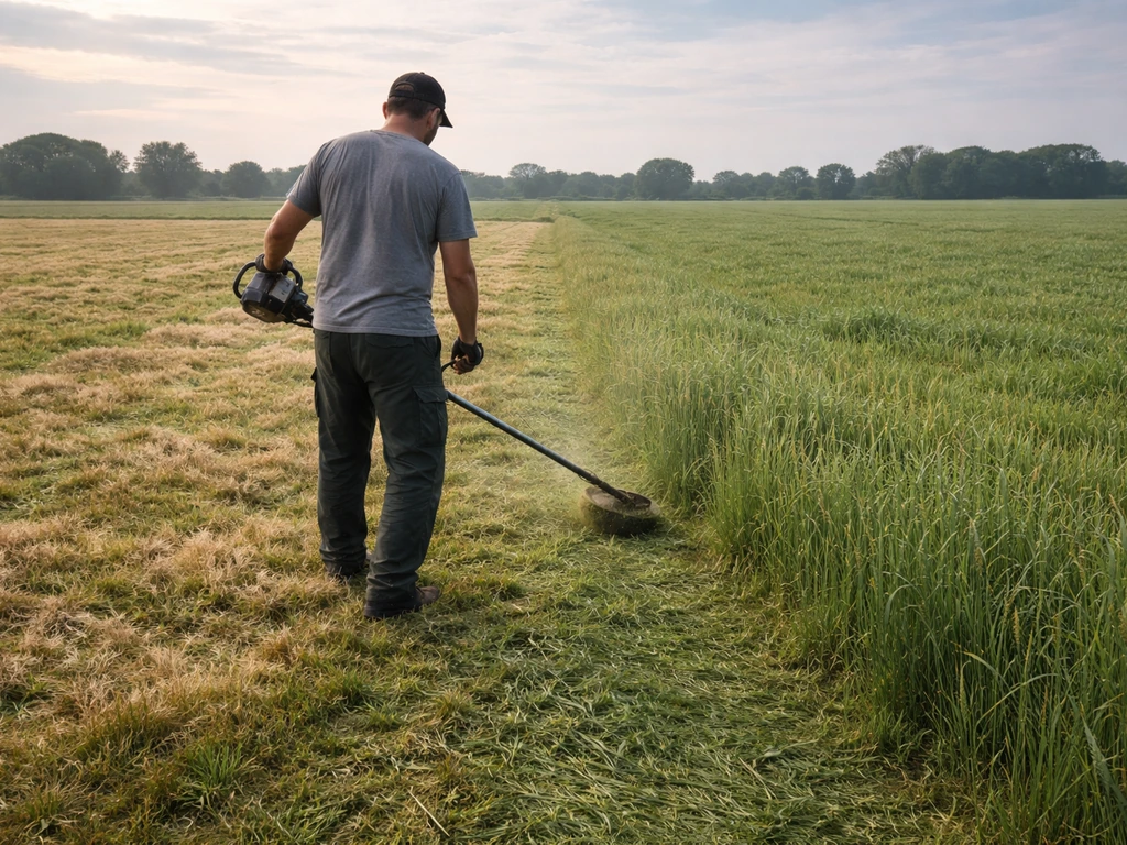 Boer maait zichtbaar aangetast gras in het veld, met een duidelijke maaihoogte en vers maaisel.