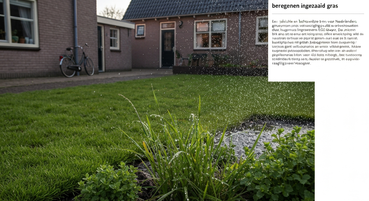 Pas ingezaaid gazon in een Nederlandse achtertuin dat in de ochtendlicht licht wordt beregend; close-up van vochtige toplaag en opkomende kiemplantjes.