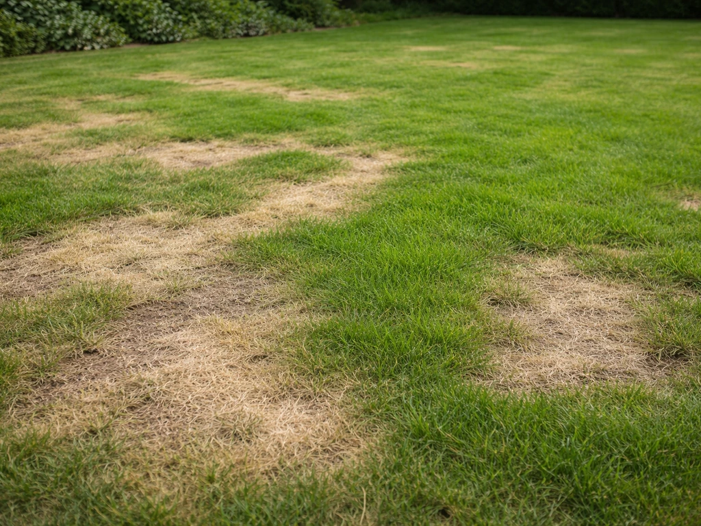 Gazon met kale, gele plekken naast herstellende groene zones, bij daglicht en eye-level gefotografeerd.