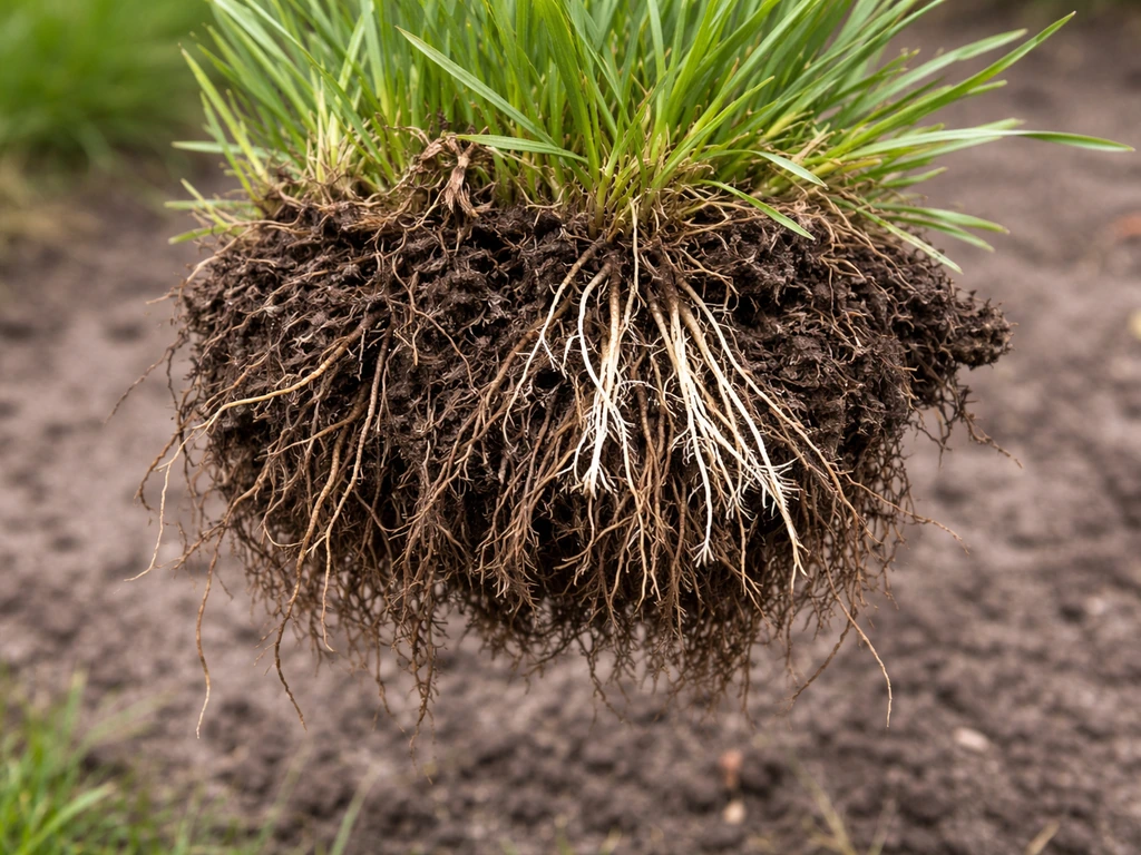 Close-up van een plukje gras met witte, levende wortels naast bruine, dode wortels.