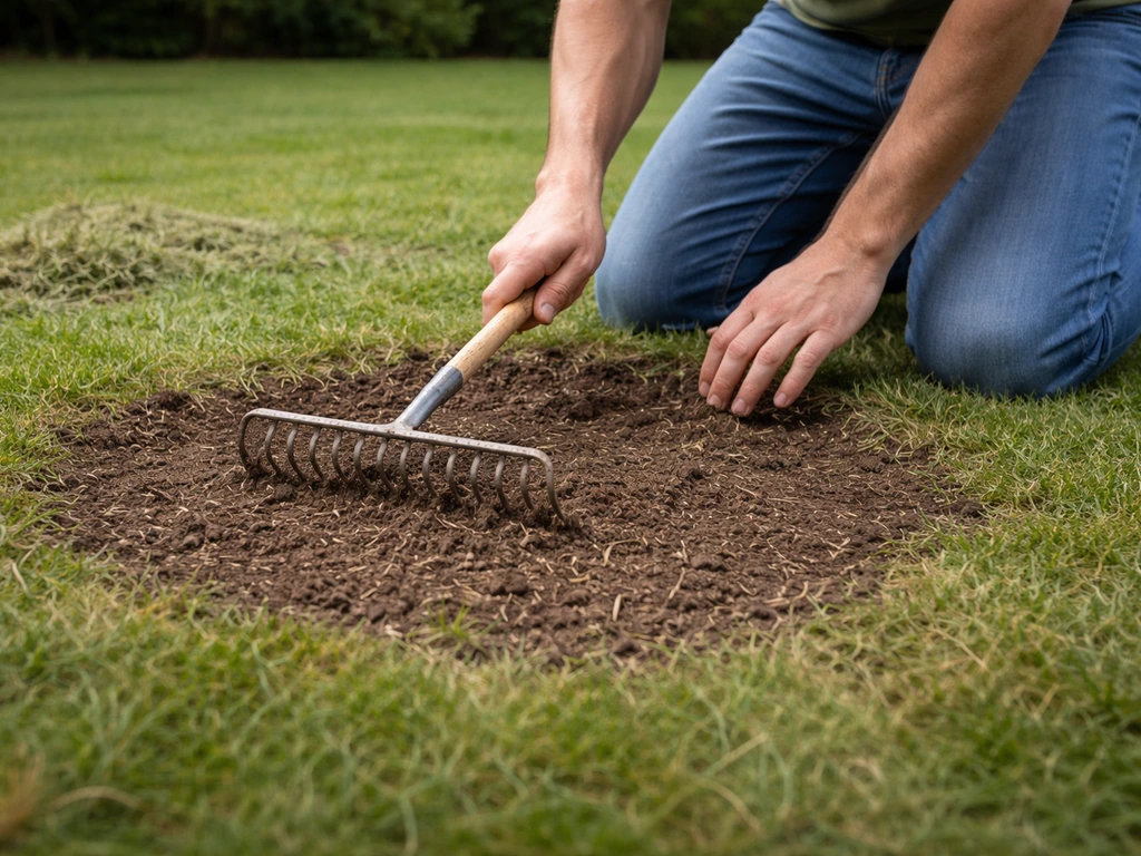 Tuinman zaait gras na het licht openharken van kale plekken, met kort gemaaid gazon op de achtergrond.