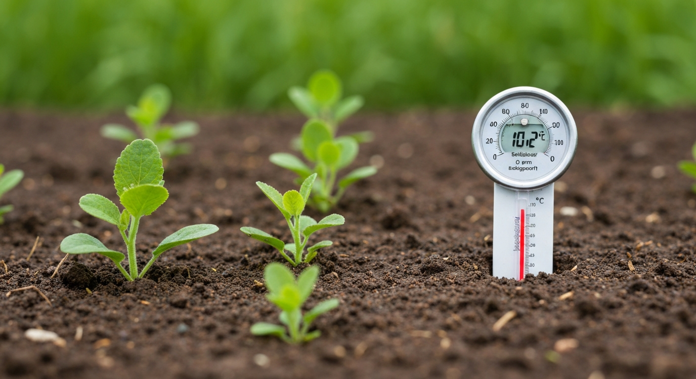Jong gras kiemt in vochtige grond met een bodemthermometer en vliesdoek op de achtergrond
