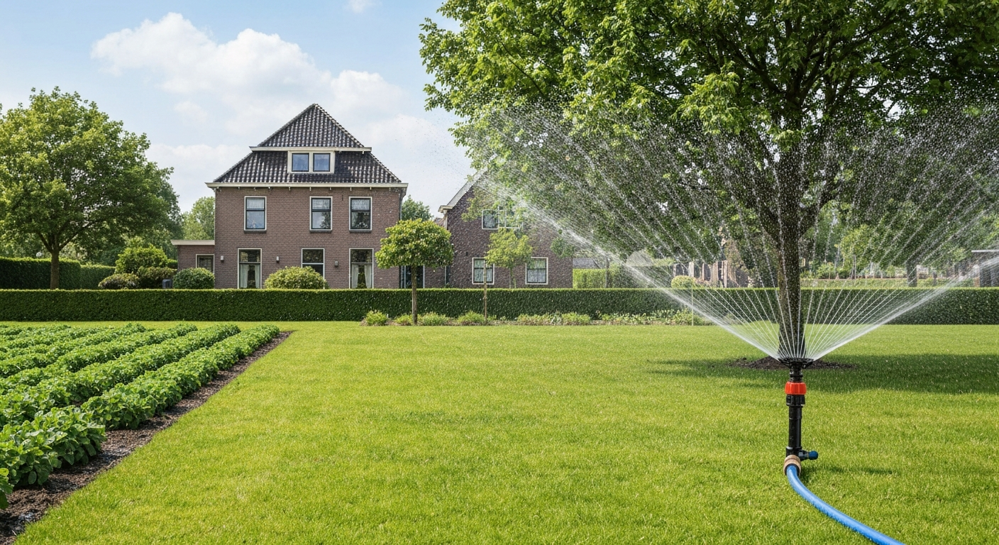 Vroeg-ochtend gazon met werkende sprinkler, regenton en Nederlandse achtertuin op de achtergrond.