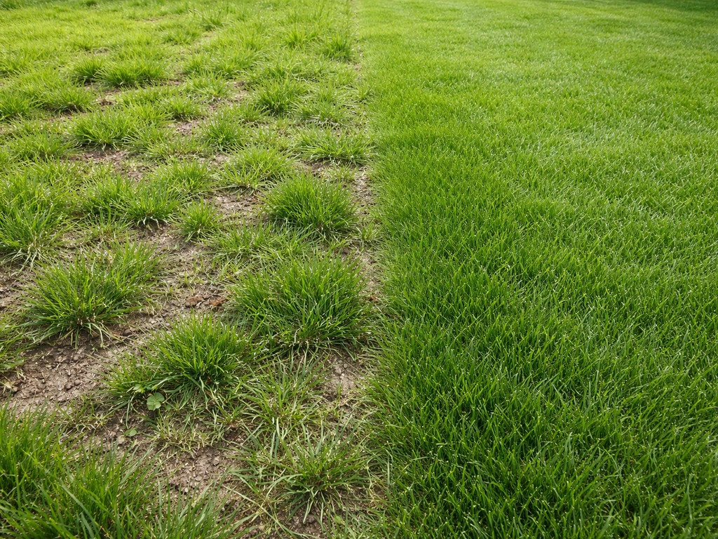 Contrasterend gazon met weilandgras/polletjes in een hoek en dichter, groener gras ernaast.