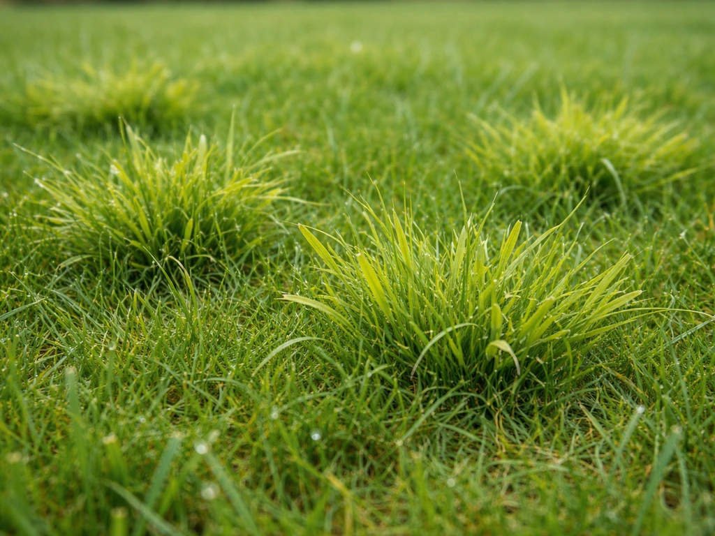Close-up van een gazon met lichtgroene/geelige polletjes ruwbeemdgras tussen groener gras