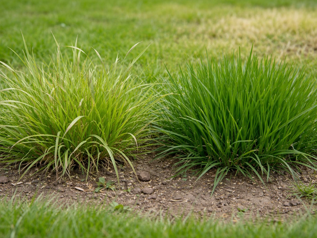 Close-up van drie soorten gras naast elkaar: weilandgras, dicht Engels raaigras en schraal gras.