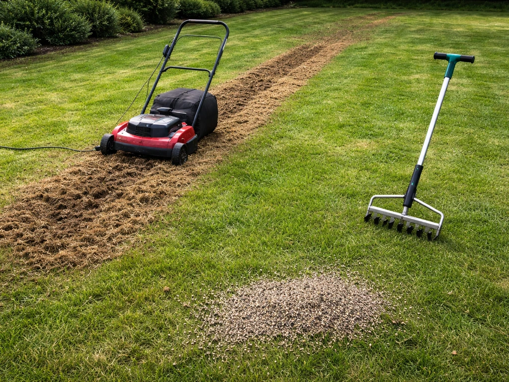 Gazonherstel: verticuteermachine die vilt openbreekt, met doorzaai-zaad op de grond en beluchtingsgereedschap naast het